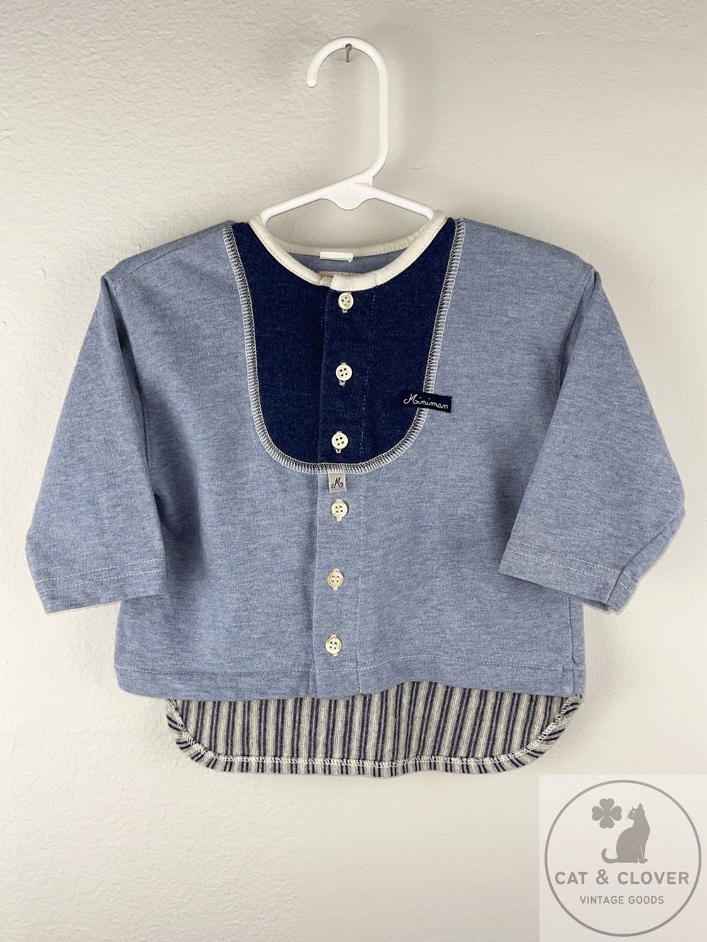 Miniman French 1990s Baby Button Down Blue Knit Vintage Knot Neck Top 9M